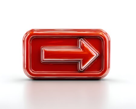 Shiny red right arrow icon on a sleek 3D button against a bright white backdrop