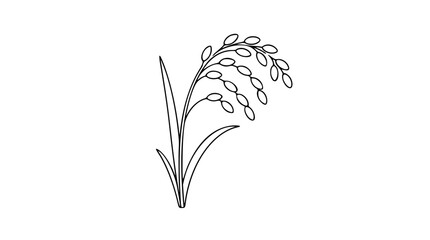 Obraz premium Minimalist vector icon of a single rice stalk with grain head, hand-drawn outline illustration for agricultural branding, organic food packaging, and nature-inspired design projects.