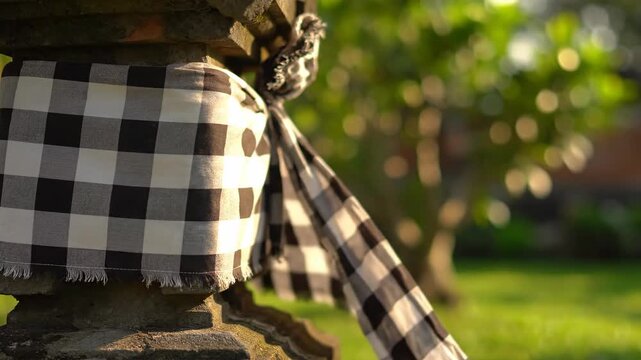 Balinese Temple Pillar with Traditional Poleng Cloth Blowing in Wind 4K Video