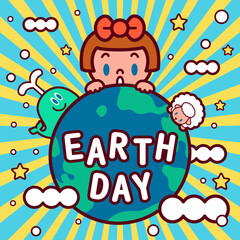 Fototapeta premium Flat vector illustration of a cute girl with a red bow, green whale, and sheep peeking behind Earth. Great for environmental campaigns, Earth Day posters, and children education banners.