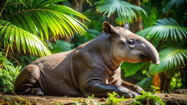 Tapir Resting in Lush Green Jungle Environment, Wildlife