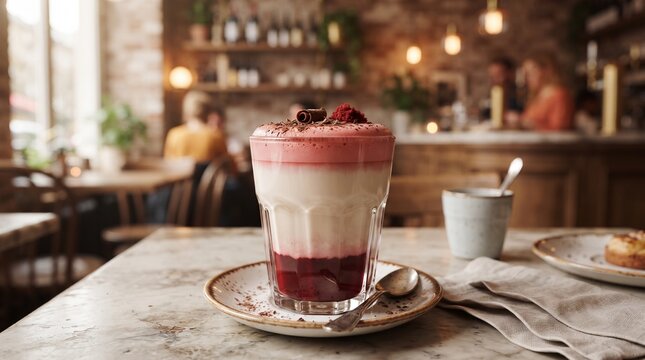 Creamy Red Velvet Drink with Layered Texture in Clear Glass