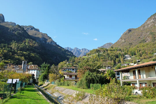 Beautiful view of the village of Anfo on Lake Idro surrounded by the mountains of northern Italy.