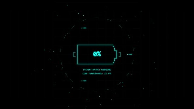 Digital battery icon charging animation with hud interface elements