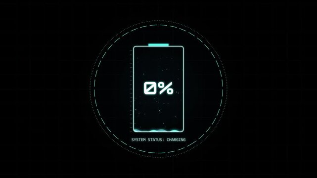 Digital battery icon charging animation with glowing percentage values