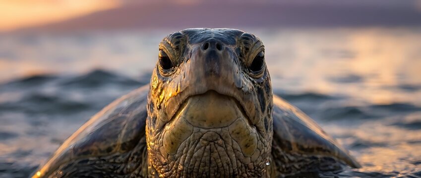 Sea turtle close-up portrait with golden sunset light reflecting on weathered shell and face emerging from ocean waves at dusk.