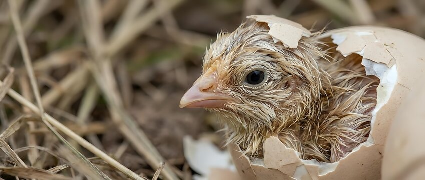 Young chick hatching from eggshell with straw bedding, depicting poultry farm life and animal birth process for agricultural and educational content.