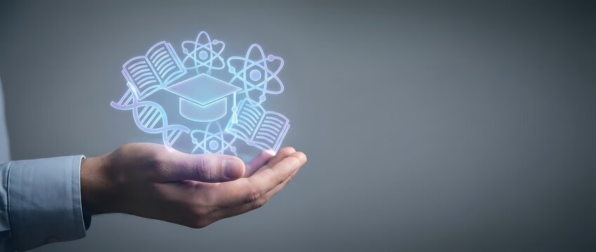 Businessman hand holding glowing neon education icons including graduation cap, atom, and books. Concept for online learning, digital courses, and knowledge development.