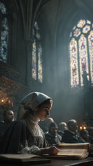 Fototapeta premium Europe medieval lifestyle. A dramatic portrayal of a woman in a medievalstyle setting, likely a church or cathedral. She wears a white bonnet and a dark, patterned dress.