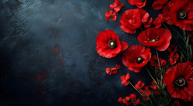 Red floral tribute background with poppies and dark elegance photo