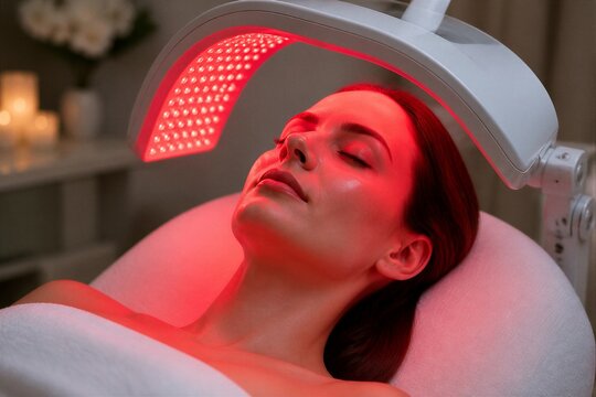 Woman receiving red light therapy treatment on clinic bed