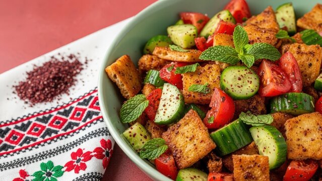 Macro detail of a fresh Fattoush salad with crispy pita and sumac dressing, featuring dried sumac and tatreez embroidery along the edge against a vibrant red and green background with ample copy space