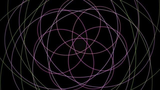Overlapping circles create intricate geometric patterns in purple and green against black background