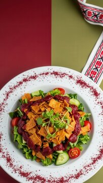 Macro detail of a fresh Fattoush salad with crispy pita and sumac dressing, featuring dried sumac and tatreez embroidery along the edge against a vibrant red and green background with ample copy space