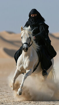 Europe medieval lifestyle. A vivid portrayal of a person riding a white horse galloping through a desert landscape. The rider wears a black, longsleeved robe and a black niqab covering their face.