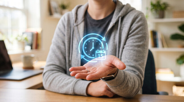 Work from home asynchronous communication concept with digital clock in hand