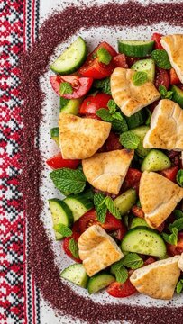 Macro detail of a fresh Fattoush salad with crispy pita and sumac dressing, featuring dried sumac and tatreez embroidery along the edge against a vibrant red and green background with ample copy space
