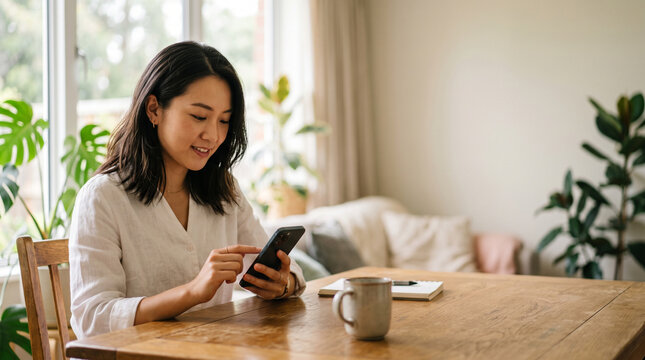 Asynchronous communication work from home with smiling woman using phone in bright living room