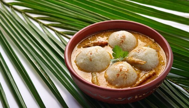 delicious malabar style kozhi pidi in brown bowl with tender rice dumplings in roasted coconut chicken curry on green palm leaves background