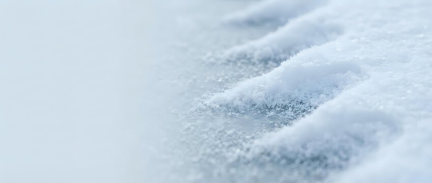 Macro close-up of fresh snow crystals with shallow depth of field, showing delicate frozen ice formations and winter texture details for seasonal and nature content.