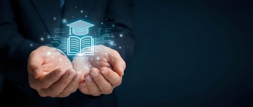 Man holding glowing digital book and graduation cap icons, representing online education, e-learning, knowledge transfer, and academic achievement in technology.
