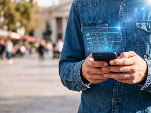 Mobile phone use man denim shirt asynchronous communication work from home city street