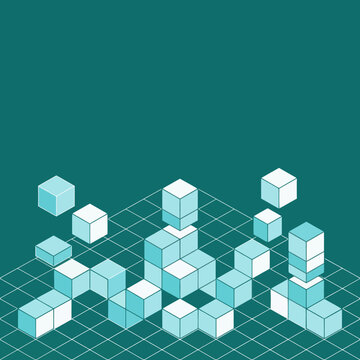 Isometric blue 3d cubes stacked on a grid background for technology design