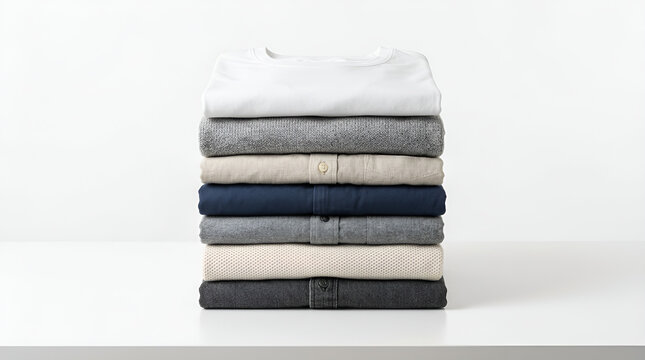 Neat stack of eight folded clothes on white table minimalism, clean neutral shirts and sweaters isolated on white background