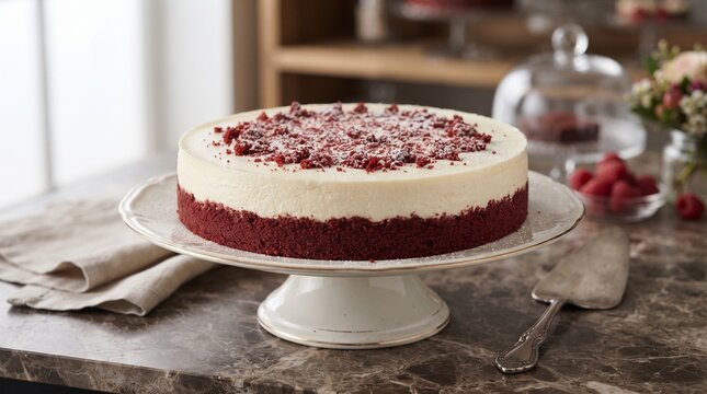 Elegant Red Velvet Cheesecake with Creamy White Topping