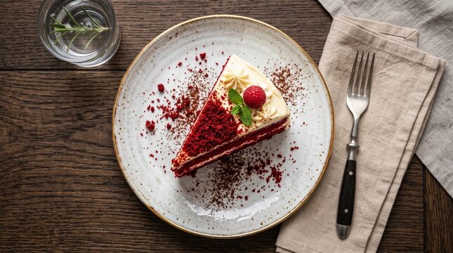 Red Velvet Cake Slice with Cream Cheese Frosting and Red Crumbs