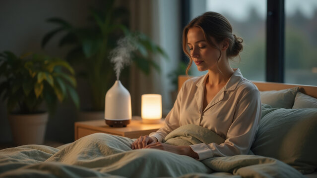Calm woman bed night routine aromatherapy diffuser soft light bedroom cozy home interior relaxing steam peaceful sleep evening wellness indoor plant Sleep hygiene bedroom environment concept