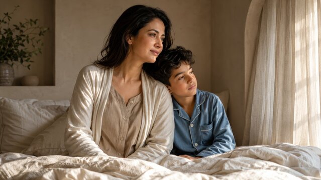 Middle Eastern mother and pajama-clad son lean together on rumpled bedding, quietly observing the sunlit window as patterned rays bring warmth, reflection, and closeness to their slow morning