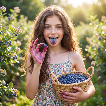 A joyful young girl with a blueberry-stained tongue and hands holds a basket of freshly picked blueberries in a sunlit field.