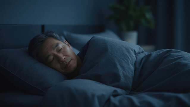 Sleep bed blanket pillow bedroom night dark indoor man rest Peaceful sleep cozy bed soft blanket and pillow dark bedroom night, calm indoor scene with Sleep hygiene bedroom environment concept