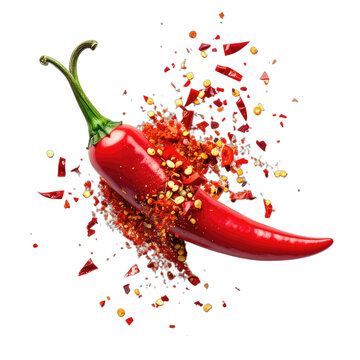 A vibrant red chili pepper explodes into a cloud of crushed red pepper flakes and seeds against a stark black background.