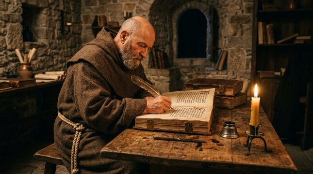 Authentic Medieval Monk Writing Ancient Illuminated Manuscript with Quill Pen in Stone Monastery Scriptorium, Bald Elderly Friar in Brown Wool Robe Creating Sacred Text by Warm Candlelight