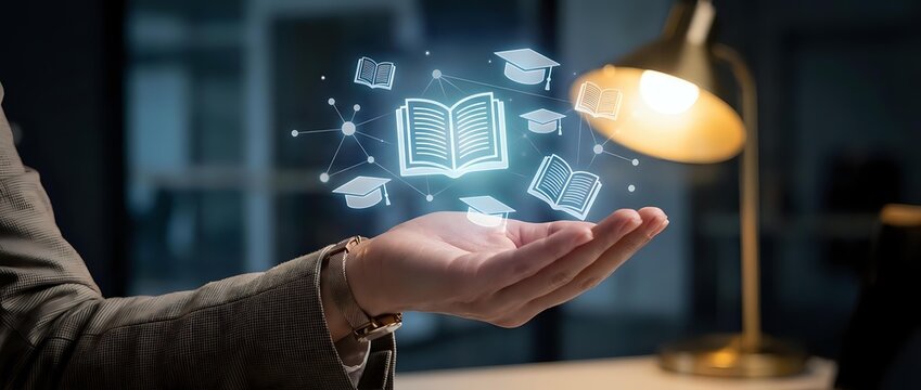 Businessman holding open book with glowing education icons floating above palm, representing online learning, digital knowledge, and e-learning solutions for corporate training.
