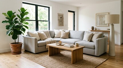 Fototapeta premium A bright modern living room featuring a large light gray fabric sofa with neutral cushions and a rectangular wooden coffee table on a jute rug near a large window with a potted plant and natural