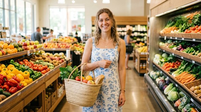 A smiling young woman in a floral dress holds a woven basket of fresh vegetables and bread in a bright supermarket aisle, surrounded by colorful produce shelves, embodying a healthy organic lifestyle.