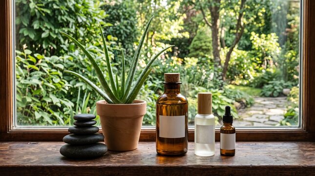 Natural wellness products displayed on a garden windowsill