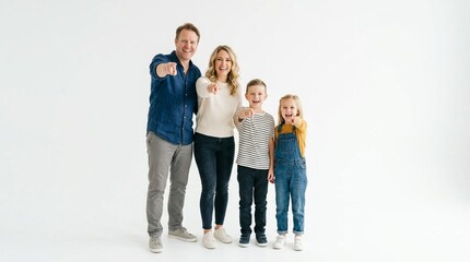 Fototapeta premium Happy family of four, parents and children, standing together in bright white studio, all pointing forward with enthusiasm, wearing casual autumn clothes, perfect for family and lifestyle content.