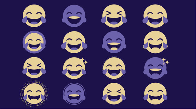 Collection of laughing emojis with tears of joy and sparkling effects in yellow and purple.