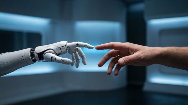 A close-up shot of a human hand and a white robotic hand reaching out to touch fingertips in a futuristic blue laboratory setting, symbolizing the connection between humanity and artificial