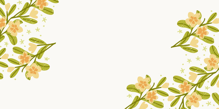 Horizontal presentation banner backdrop template with hand drawn tropical yellow frangipani corner frame
