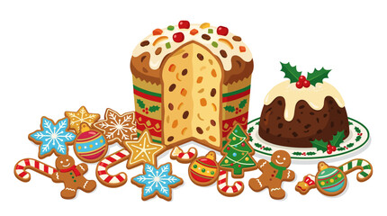 Fototapeta premium Assortment of Christmas treats including panettone, pudding, and cookies