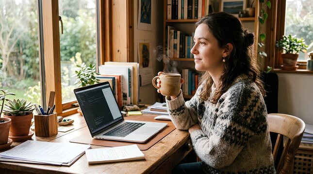 A young woman pauses her work at a sunlit wooden desk in a cozy home office, holding a steaming ceramic mug while looking out the window near a laptop and books surrounded by green plants.