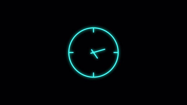 Neon Glowing clock icon with moving arrows in 12 hour loop