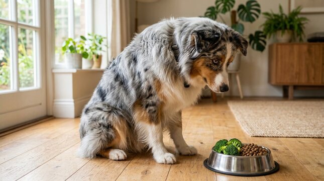 Hungry Blue Merle Australian Shepherd Dog Sitting on Light Hardwood Floor Looking Down at Bowl of Dry Kibble and Fresh Green Broccoli, Indoor Pet Mealtime Scene with Natural Light