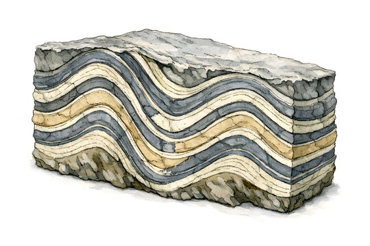 Cross section of folded geological rock strata showing earth layers