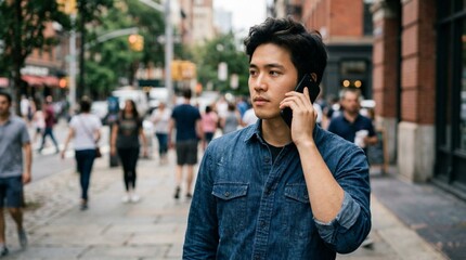 Fototapeta premium Serious Young Asian Man in Blue Denim Shirt Talking on Smartphone Standing on Urban City Street, Professional Communication Technology Modern Contemporary Digital Lifestyle Portrait